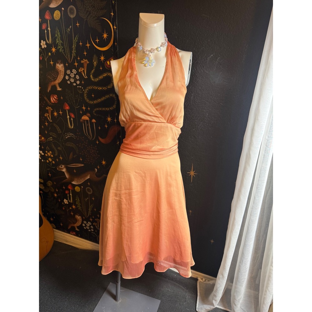 Wishes Wishes Wishes Peach Orange Halter Wrap Dress Size 13 USA Made y2k